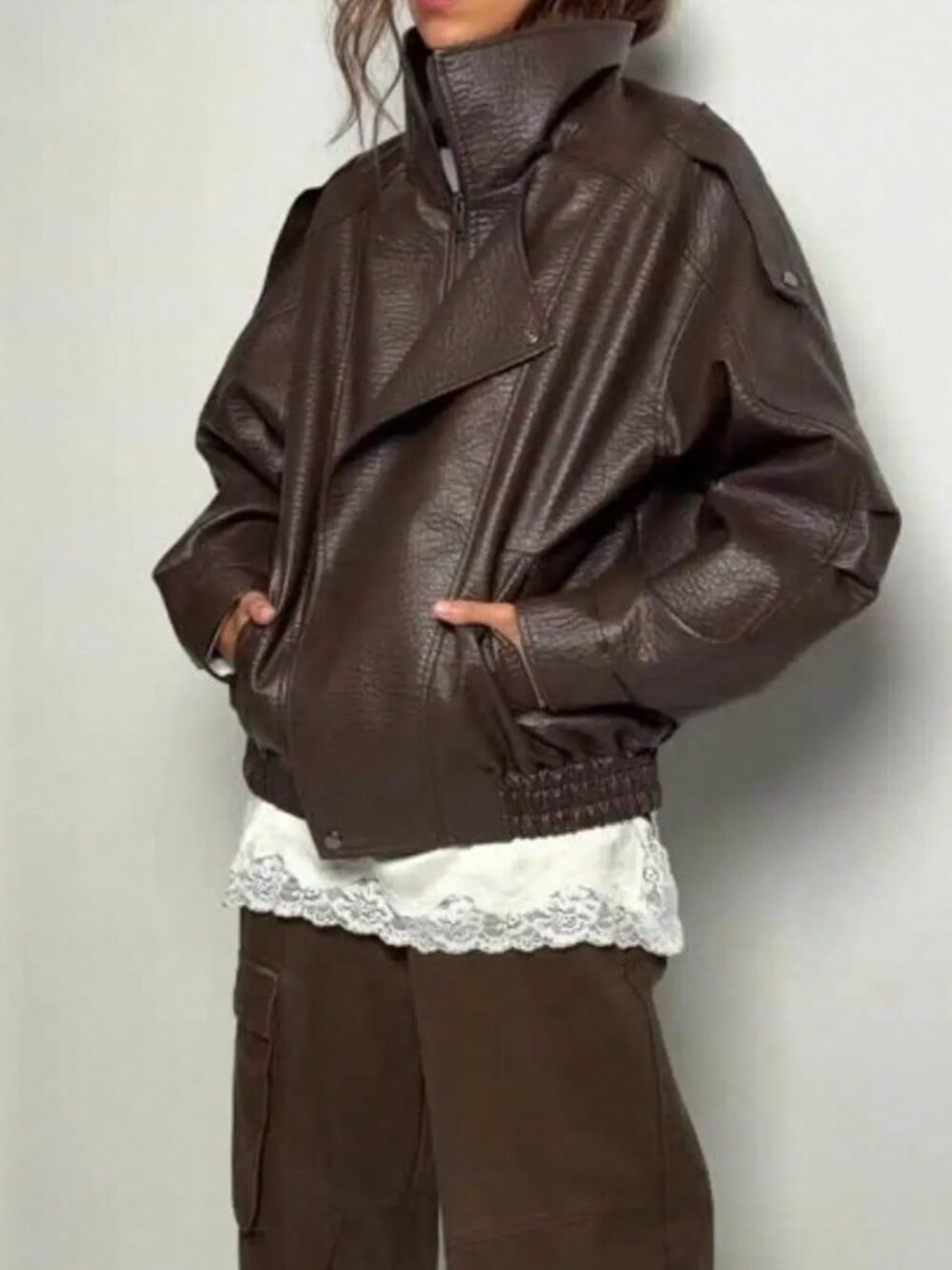 Dark Brown Casual Women's Stand Collar Faux Leather Jacket